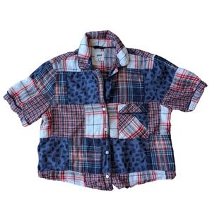 Aerie‎ Patchwork Plaid Flannel Leopard Print Top Short Sleeve Button Down Medium